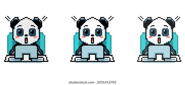 Pixel art vector icon with panda typing on computer with surprised look on white background