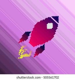 Pixel art vector icon rocket spaceship on violet background.