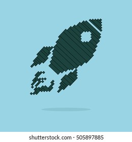 Pixel art vector icon rocket spaceship on blue background.