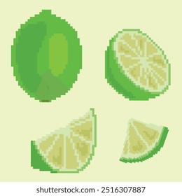 Pixel-Art-Vektorsymbol von ganzen Kalk-, Halbkalk- und Limettenscheiben. Perfekt für tropische Designs, Verpackungen, Textilien und kreative digitale Projekte.