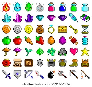 Pixel art vector icons set. Game assets - food, flasks, gems, tools, armor, weapons, coins, elementals. 56 items for various design purposes