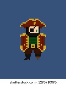Pixel art vector illustration - 8 bit pirate captain with eye patch and leg crutch in red suit isolated