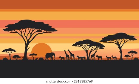 Pixel art vector illustration of African savanna wildlife silhouettes, including elephants, giraffes, and zebras, walking at golden hour sunset.