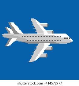Pixel art vector illustration of airplane. Airline service. Flying air passenger transport