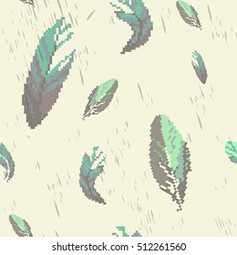 Pixel art vector illustration of  blue feathers. Vector of colorful feathers.Seamless pattern of pixel art.