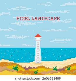 Pixel art vector illustration of a coastal landscape with a tall lighthouse, sandy shore, and blue ocean under a bright sky. Perfect for retro, gaming, and maritime-themed designs.