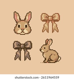 Pixel art vector illustration, a cute brown bunny face, a full side-view rabbit, and two satin bows in vintage sepia tones on a beige background. Retro 8-bit style, nostalgic and cozy aesthetic.