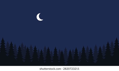 Pixel art vector illustration of a dark night sky with a shining crescent moon over a silhouette pine tree forest landscape.