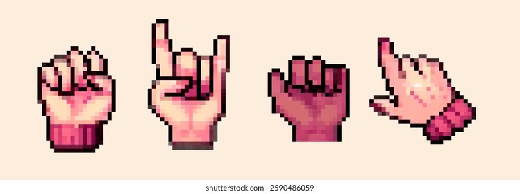 Pixel art vector illustration of diverse hand gestures, including a fist, rock sign, and pointing finger. Retro style and vibrant colors add to its playful, expressive design.