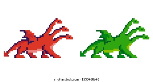 Pixel art vector illustration. Fairytale red andgreen dragons with wings, three heads and four legs