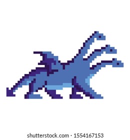 Pixel art vector illustration. Fairytale blue andgreen dragons with wings, three heads and four legs
