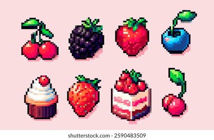 Pixel art vector illustration features cherries, blackberries, strawberries, blueberries, cupcake, cake slice, and more. Vibrant colors and retro style make it visually appealing and playful.