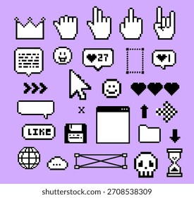 Pixel Art Vektorgrafik verfügt über verschiedene Retro-Computer und Social Media-Symbole in schwarz-weiß auf pastellviolettem Hintergrund. Konzeptuelle Vektorgrafik für digitales Design, Technologie und Internetthemen.