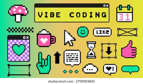 La Ilustración vectorial de arte Pixel presenta coloridos íconos retro de computadoras y redes sociales, incluyendo un cursor, pulgares hacia arriba, taza y burbujas de chat, sobre un fondo degradado verde-amarillo. Ilustración vectorial conceptual para temas de tecnología, codificación y cultura digital.