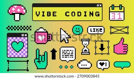 Pixel art vector illustration features colorful retro computer and social media icons, including a cursor, thumbs up, mug, and chat bubbles, on a green-yellow gradient background. Conceptual vector illustration for technology, coding, and digital culture themes.