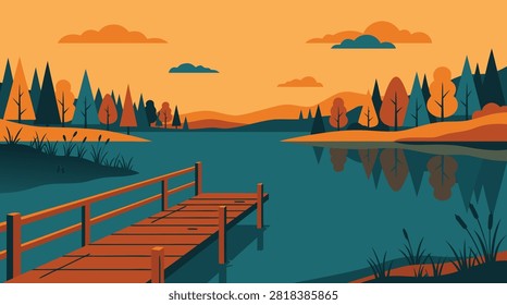 Pixel art vector illustration featuring a wooden pier on a tranquil forest lake during a warm autumn sunset with colorful tree reflections.