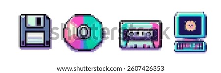 Pixel art vector illustration featuring a floppy disk, CD, cassette tape, and vintage computer. Showcases retro technology with vibrant colors and a nostalgic feel from the 80s and 90s.