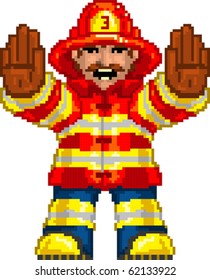 Pixel art Vector illustration of Firefighter. Artwork is composed of editable vector squares. Artwork is clearly and crisply readable in both large and tiny sizes.