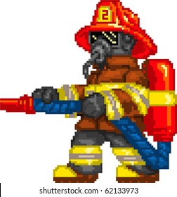 Pixel art Vector illustration of Firefighter. Artwork is composed of editable vector squares. Artwork is clearly and crisply readable in both large and tiny sizes.