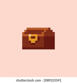 Pixel art vectorial ilustración de juego activo - cofre de madera y tesoro de metal minimalista pixelado