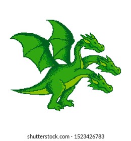 Pixel art vector illustration. Green three-headed dragon from Russian and Japanese fairy tales