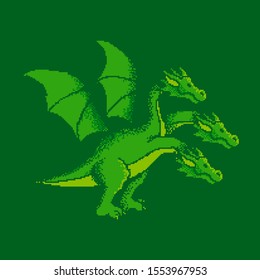 Pixel-Vektorgrafik. Grüner Drache mit drei Kopf aus russischen und japanischen Märchen auf grünem Hintergrund
