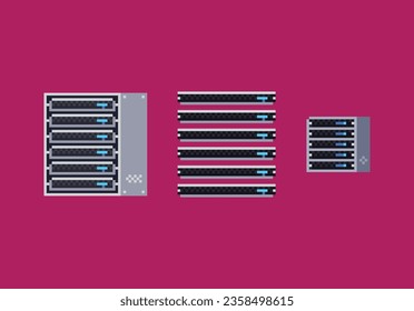 Pixel art vector illustration of grey server rack cabinet, server blade icon set. Cloud computing technology object on dark background