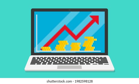 Pixel art, vector illustration of growing chart with coins on laptop screen. The red arrow represents the increase in the value of your money.