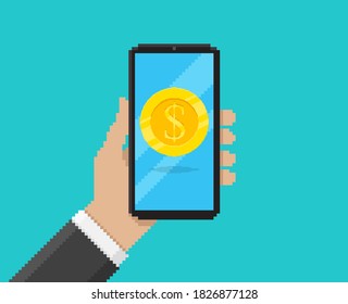 Pixel art vector illustration of hand holding mobile with gold digital dollar coin application on screen