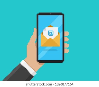 Pixel art vector illustration of hand holding mobile with email on screen