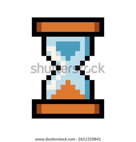 Pixel art vector illustration of an hourglass with orange sand