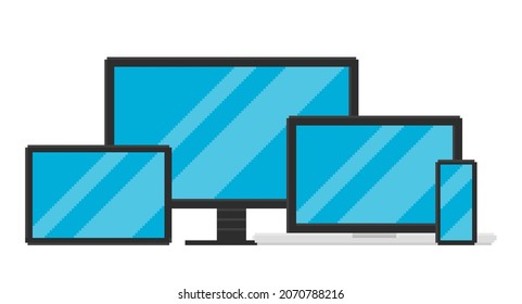 Ilustración vectorial de arte Pixel de laptop, tablet, monitor y smartphone. El objeto se aísla en el fondo blanco.