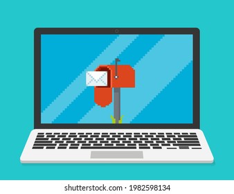 Pixel art, vector illustration of mail in red mailbox showing on laptop screen.