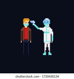 Pixel ilustración vectorial de un médico usando un traje protector que mide la temperatura de un hombre con una máscara estéril desechable de cara, protección del coronavirus. Hombre pandemista Covid-19 de 8 bits