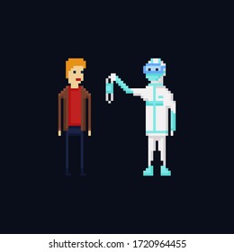 Pixel art vector illustration of a medic wearing a protective suit offering a sterile disposable medical face mask to a man, coronavirus protection. 8 bit Covid-19 pandemy male characters isolated