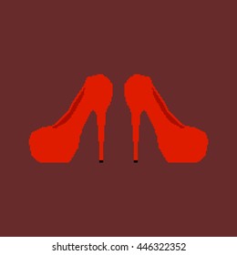 Pixel art. Vector illustration with modern red shoes on high heels.