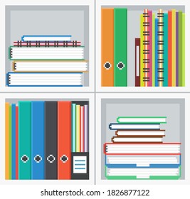 Pixel art, vector illustration of office documents on the shelf.
