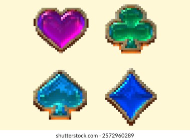 Pixel art vector illustration of playing card suits, including hearts, diamonds, clubs, and spades, in classic 8-bit retro style