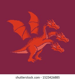 Pixel art vector illustration. Red three-headed dragon from Russian and Japanese fairy tales on purple background