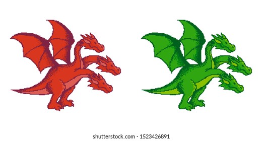 Pixel art vector illustration. Red and green three-headed dragons from Russian and Japanese fairy tales