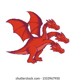 Pixel art vector illustration. Red three-headed dragon from Russian and Japanese fairy tales
