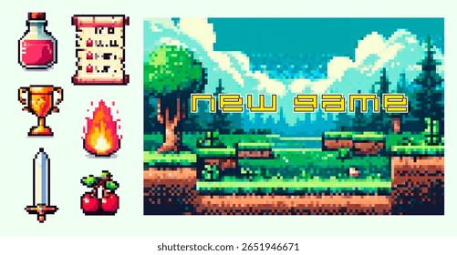 Pixel art vector illustration in retro gaming style, showing game UI icons (potion, scroll, trophy, fire, sword, cherry) and a vibrant side-scrolling landscape with text “new game”.