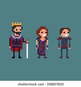 Pixel art vector illustration retro 8 bit fantasy kingdom, king, queen, prince isolated