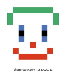 Pixel art vector illustration. Scary bad clown face. Crazy joker with green hair and evil smile.