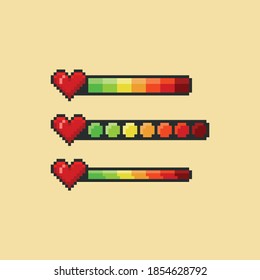 Pixel art vector illustration set - red heart and health bar color indicator, 8 bit game design hud graphic sprite