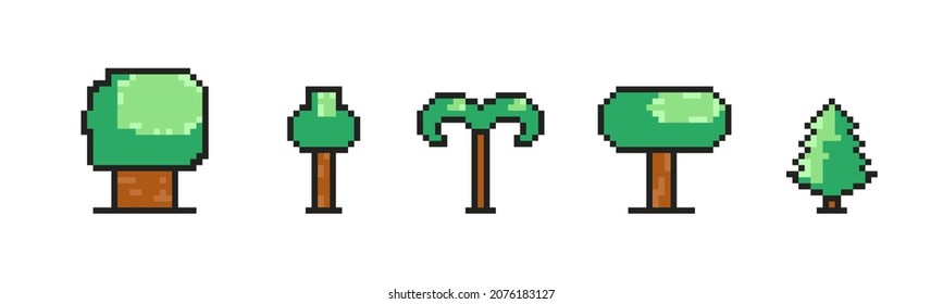 Pixel art vector illustration set - 8 bit different types of green trees and bushes icons isolated - with oval, square, round tree crown. Retro arcade game design environment. Outdoor adventures.