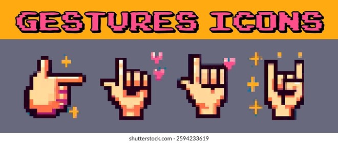 Pixel art vector illustration showcasing hand gestures like pointing and horn signs, adorned with colorful stars and heart shapes, on a gray and orange background, highlighting a retro digital style.