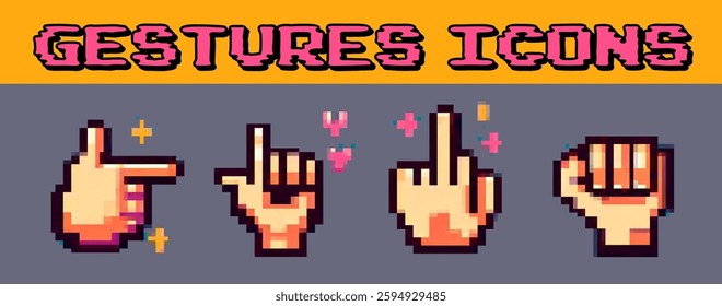 Pixel art vector illustration showcasing hand gestures like pointing and fist signs, adorned with colorful stars and heart shapes, on a gray and orange background, highlighting a retro digital style.