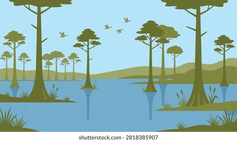 Pixel art vector illustration of a tranquil swamp landscape with cypress trees standing in water, flying birds, and reflections under a blue sky.