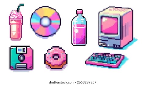 Ilustração do vetor de arte Pixel em estilo moderno vaporwave e kawaii, com tons de pastel, blues e roxas. Ele mostra itens retrô—disquete, CD, computador antigo, bebidas, donut.